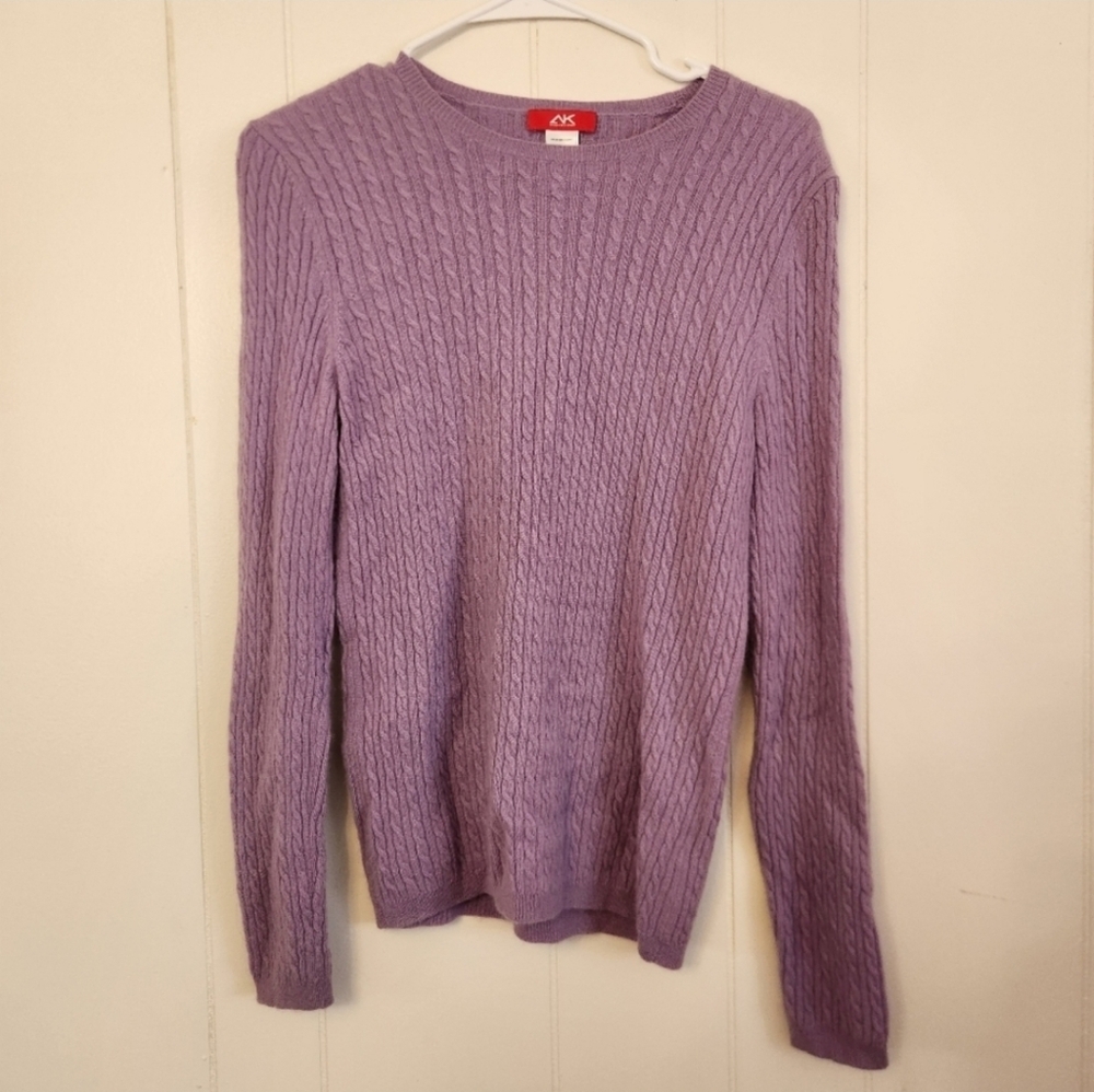 Anne Klein Sport Purple Lavender Cable Knit Cashmere Sweater Size XL Extra Large